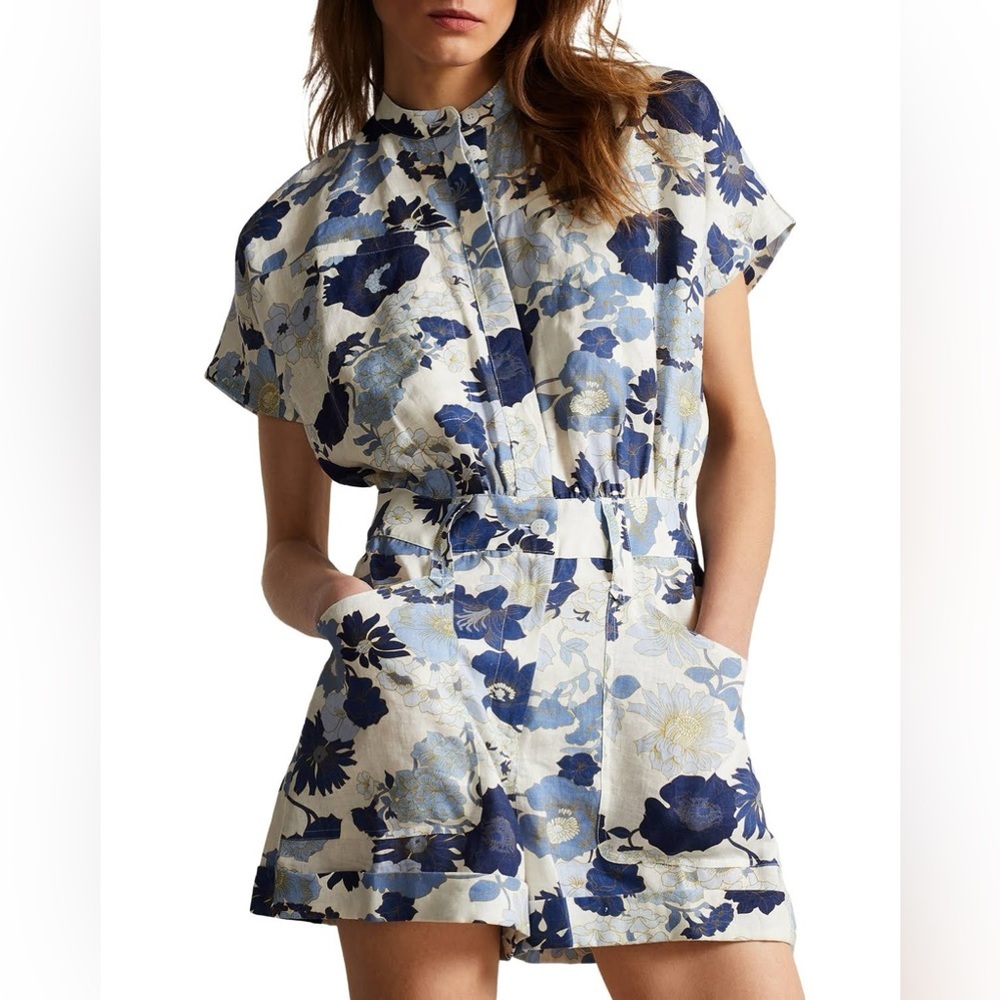 NWT Ted Baker Jensine Printed 100% Linen Romper, size 2XL or Ted’s 6